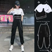 2024 Summer Women's Two Pieces Set Casual Korean Lady Loose Short White T-Shirt and Black Cargo Pants Outfits Tops Pants Suit