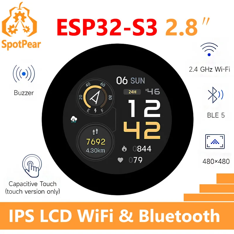 Waveshare ESP32-S3 2.8inch Round IPS LCD Display 480x480 Touch Option QMI8658 Sensor / MIC / SD MP3 Audio /HMI development board raspberry pi touch screen display For Arduino