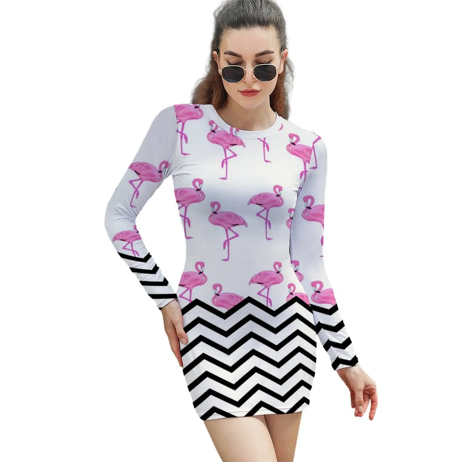 

Женское Короткое платье в полоску, розовое платье с принтом фламинго и длинными рукавами