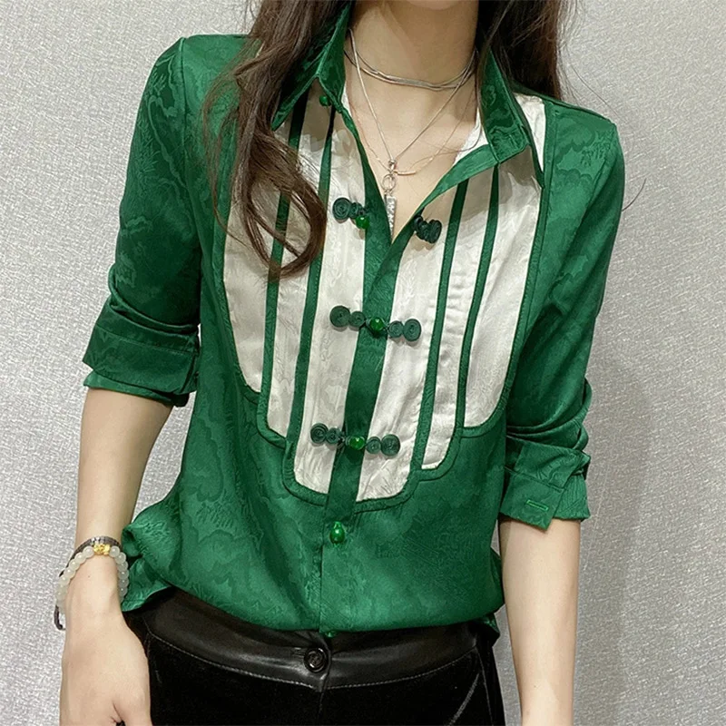 

Spring Autumn Chinese Style Fashion Harajuku Tops Women Casual All Match Female Clothes Patchwork Blouse Long Sleeve Shirt Lady