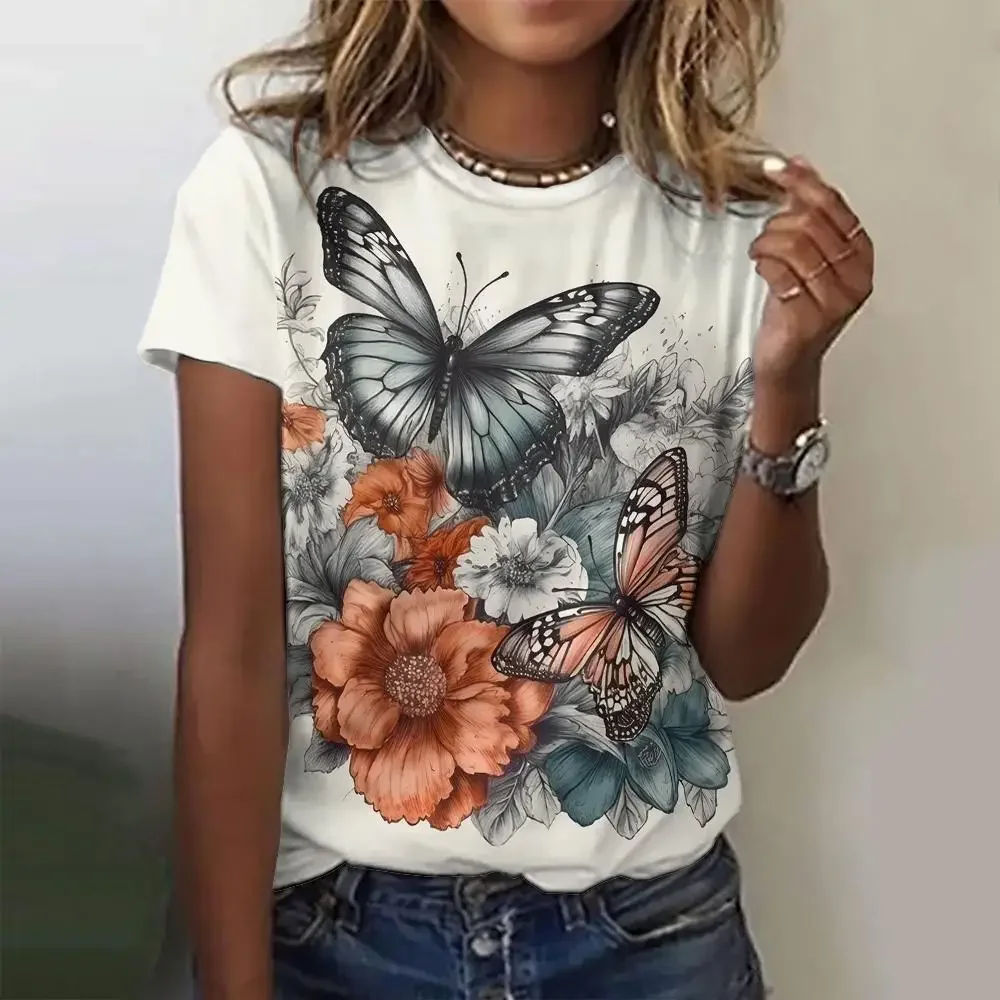 

Women's T-Shirt Butterfly Graphic Print Summer Short Sleeve Casual Tops Street Fashion O Neck T-Shirt Women's Tops