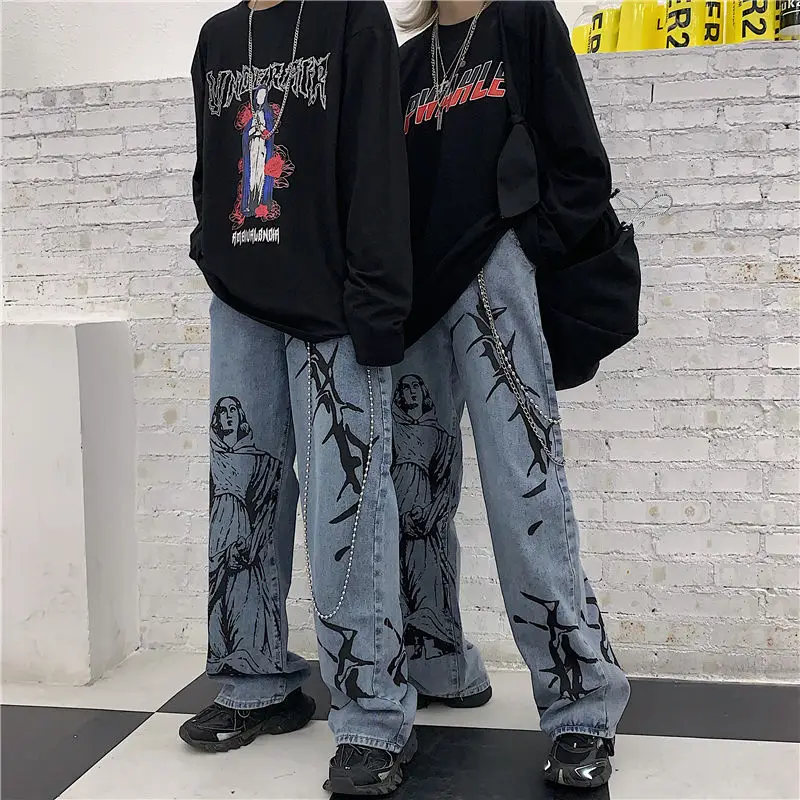 

Harajuku Women Jeans Pants Streetwear Printed Hippie Denim Pant Korean Wide Leg Pants Vintage Loose Trousers Streetwear Woman