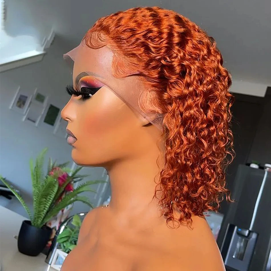 

200% Water Wave Lace Front Human Hair Wigs Ginger Curly Bob Wig 13x4 Lace Frontal Human Hair Wig Orange Cosplay Wigs Deep Wave