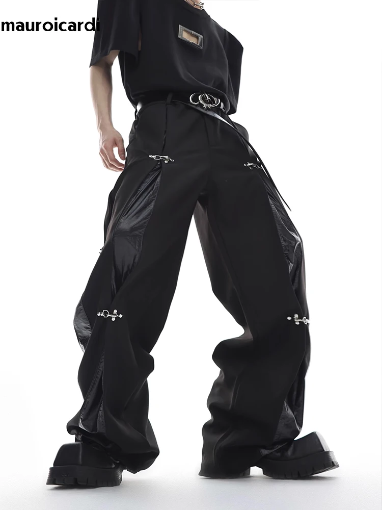 Men Trousers Leather Pants Mauroicardi Autumn Leather Patchwork Wide Leg Floor Length Luxury Designer