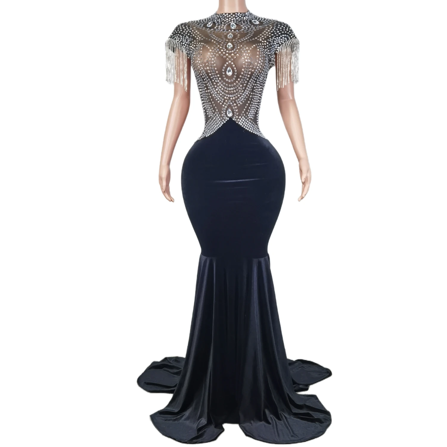 

Saias Luxury Mesh See Through Crystal Tassel Wedding Party Mermaid Dress Birthday Prom Dress Women Ball Gown Evening Dresses
