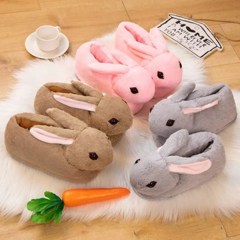 Cute Cartoon Rabbit All Inclusive Winter Warm Home Slippers Adult Girl Lady Plush Head Silent Indoor Floor Women Fun Slippers