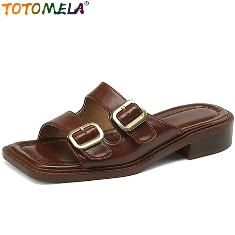 

TOTOMELA 2022 New Arrive Genuine Leather Women Slippers Vintage Square Med Heels Shoes Hot Sale Ladies Dress Slippers