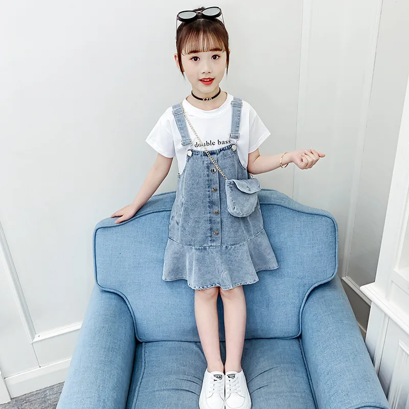 

3-13 Years Girls Clothing Sets Summer Suspender Dress Little Princess Suit Fashion Straps Denim Overalls Send Bag Birthday Gift