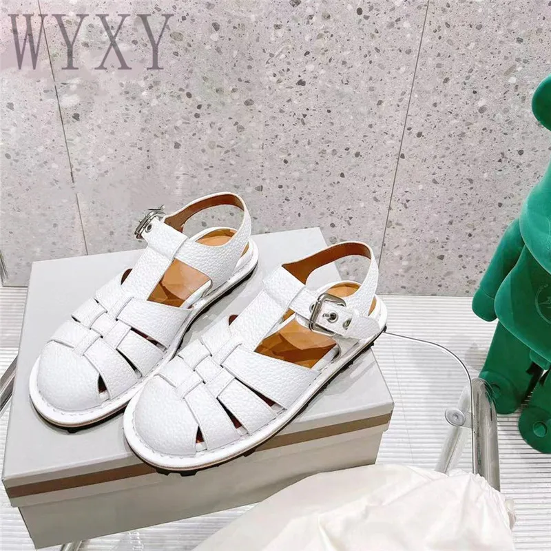 

Summer New Hollowed Weave Casual Sandals Women Round Toe Flat Heel Beach Sandals Women Real Leather Gladiator Women Sandals 2023