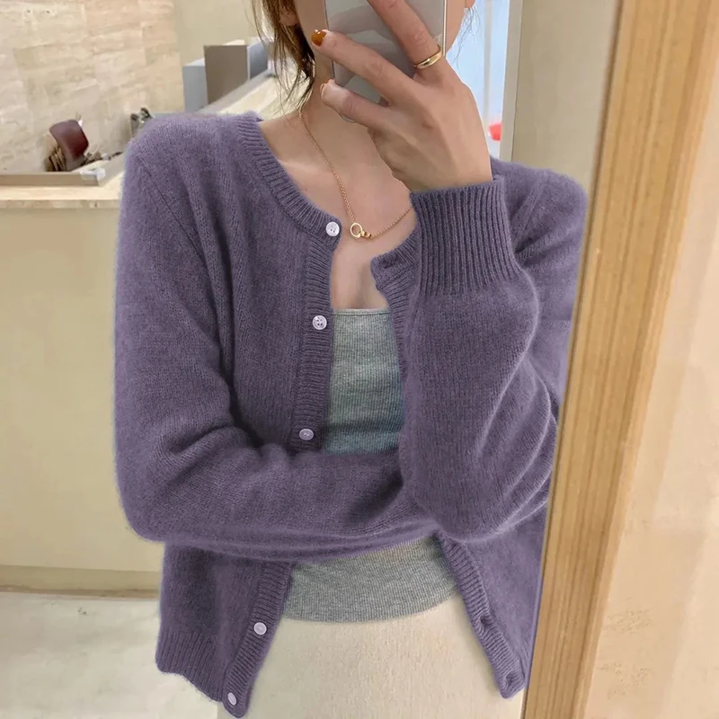 

Rimocy Solid Color Knitted Cardigan Women Korean Single Breasted Long Sleeve Jumper Woman Round Neck All Match Cardigans Outwear