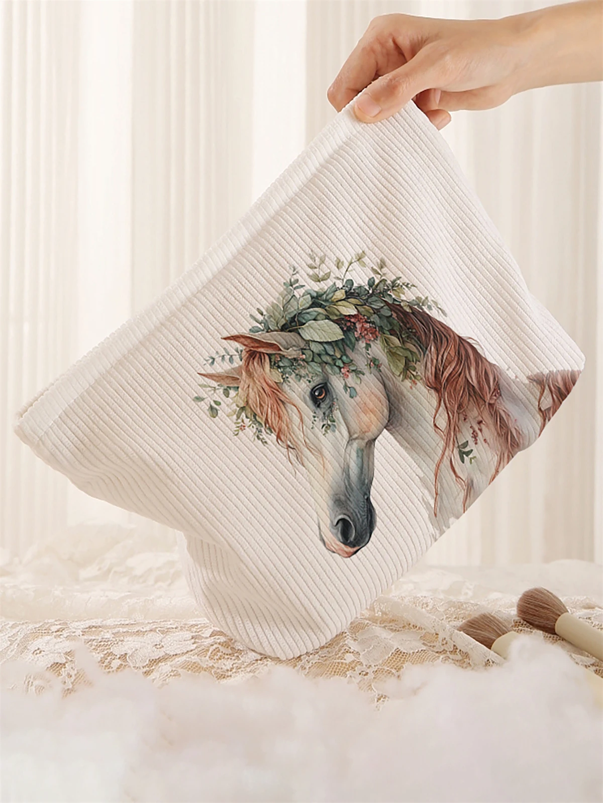1 white horse pattern printed corduroy makeup bag, lightweight zipper makeup storage box, multifunctional bag with lining