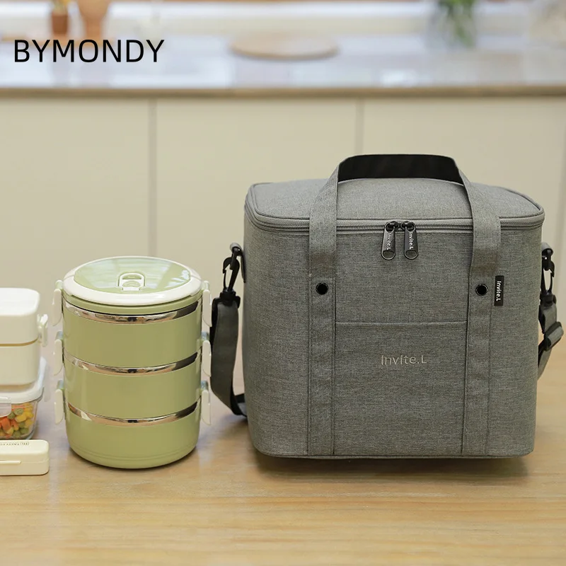 BYMONDY Large Capacity Thermal Lunch Bag Reusable Insulated Picnic Lunch Box Blue Black Bento Bags Bolsas De Almuerzo Lonchera drawstring burlap jute bags 50pcs 13x18cm gift bags for jewelry bolsas de regalo joyero organizador can custom logo