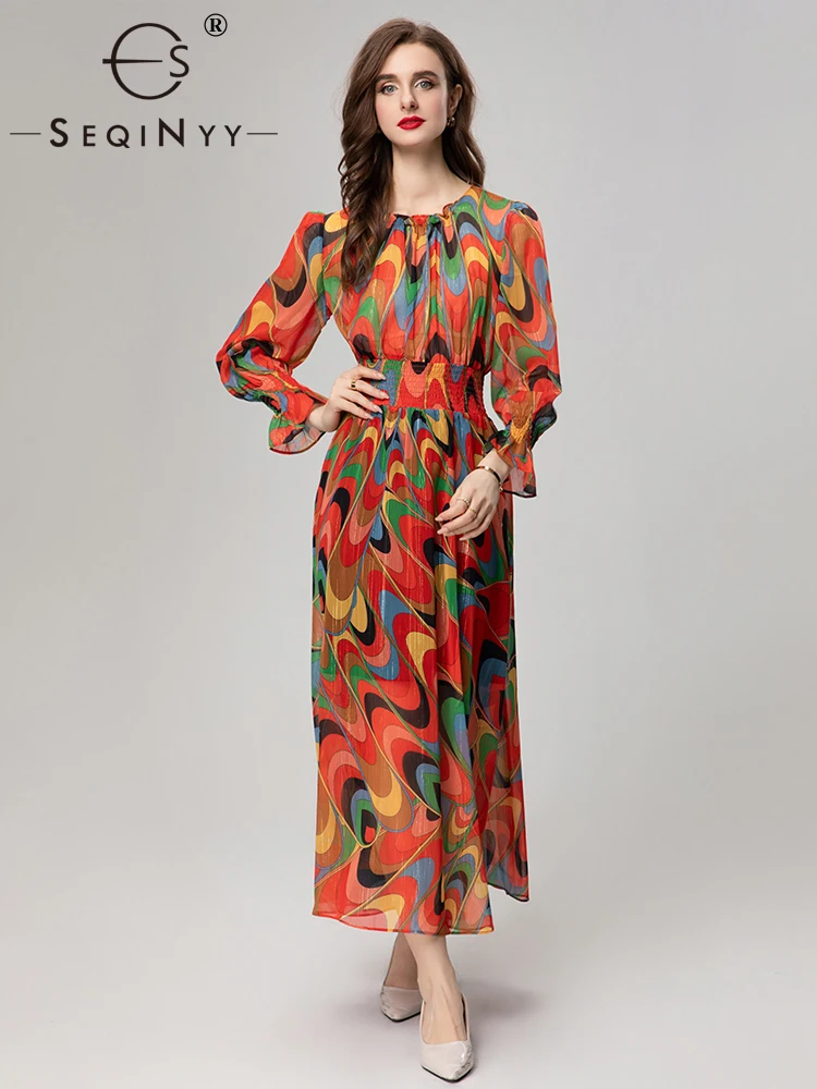 

Женское платье-трапеция с винтажным принтом SEQINYY, элегантное оранжевое модельное Повседневное платье с эластичным поясом, весна-лето