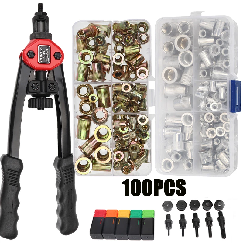 100pcs Rivet Nut with Hand Threaded Riveter Nuts Guns Rivnut Tool for
