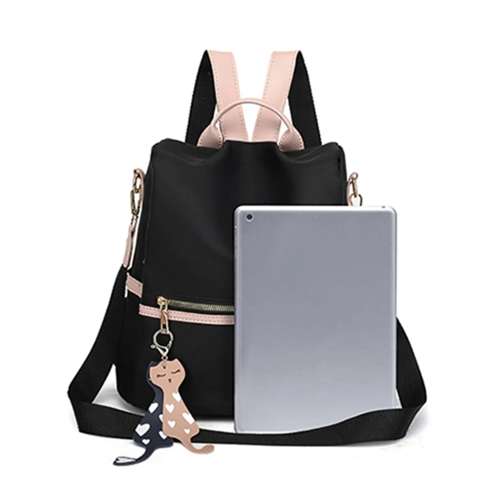 حقائب مدرسية كبيرة للفتيات المراهقات ، حقيبة مدرسية قماشية بمنفذ USB ، حقيبة كتب للطلاب ، حقيبة ظهر عصرية باللون الأسود والوردي