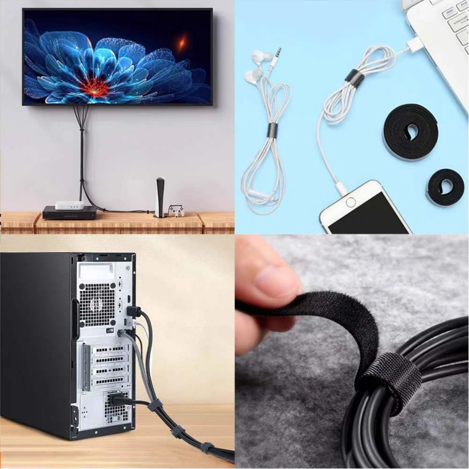 재사용 가능한 훅앤루프 케이블 타이, 길이 조절 가능한 셀프 그립 스트랩, 가정 사무실 PC용 와이어 코드 정리 도구