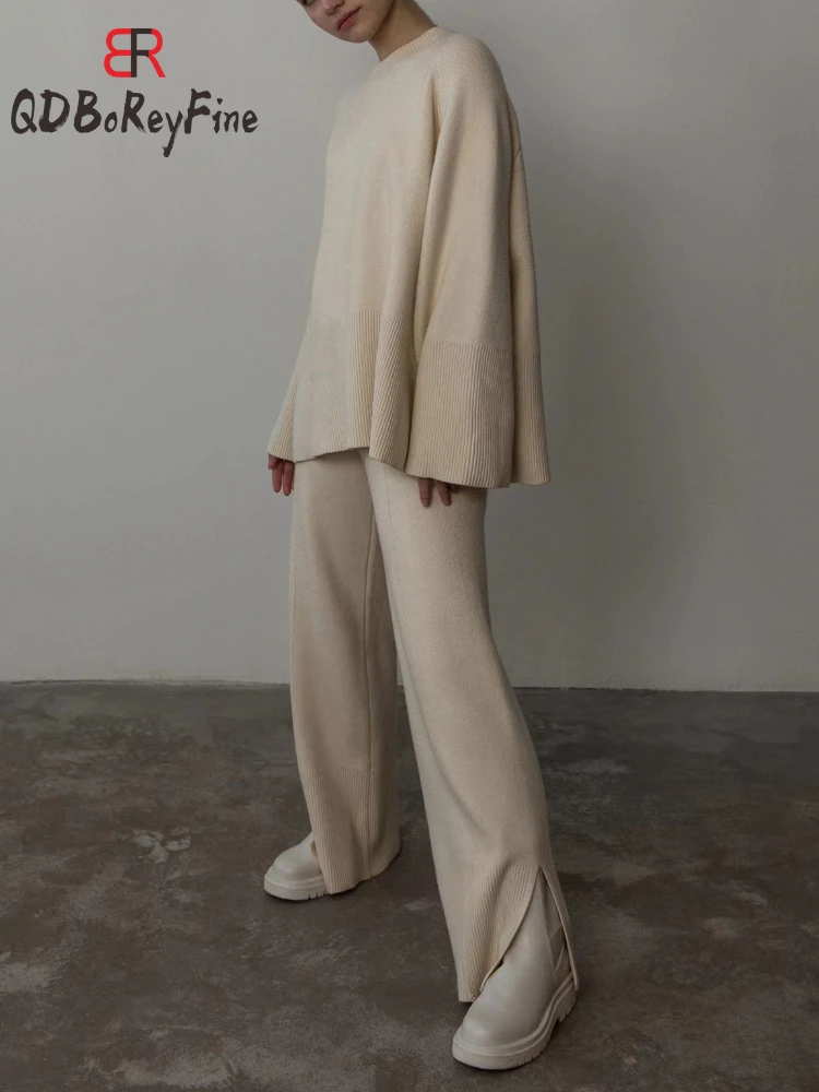 

Women Knitted Tracksuit Oversize Loose Tops Wide Leg Pants Suits Split Casual Long Sleeve Sweater Two Piece Sets Women Outfits