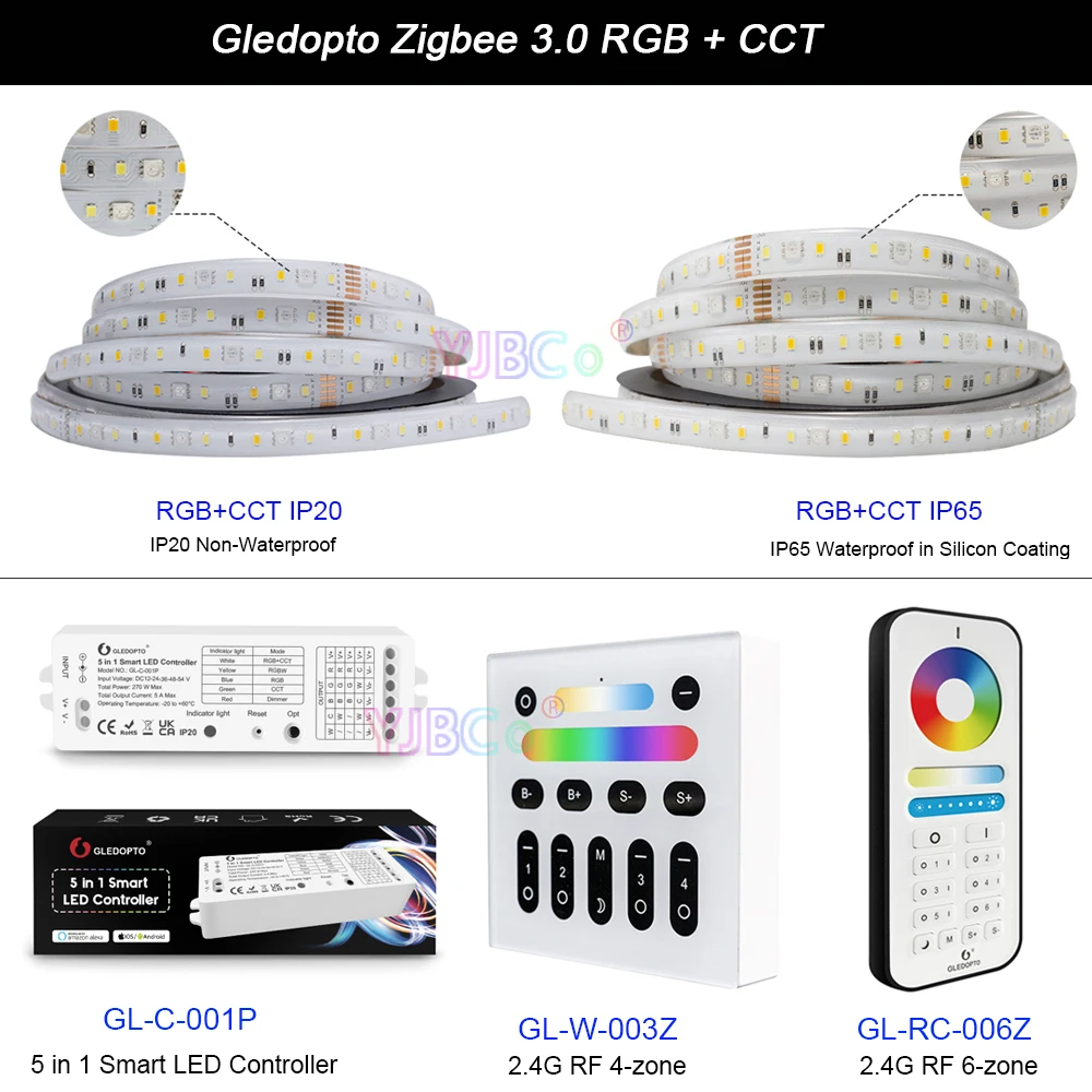 Gledopto Zigbee 3.0 5 in 1 RGBCCT/RGBW/RGB/ CCT/Dimmer LED Strip Controller DC12-54V Lights Tape Dimmer APP/Voice/2.4G RF Remote low power 2835 wwcw 120leds m led strip lights color temperature adjustable cct dc12 24v 9 6w m 600leds reel 5m led tape indoor