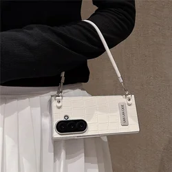 Elegant Leather Phone Case with Hand Rope Lanyard - Crossbody Design for Galaxy Z Fold4 (With Short Rope)