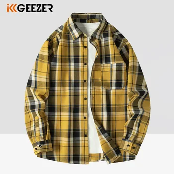Men Shirt Plaid Flannel Long Sleeve Yellow Loose Mens Casual Shirt Oversized Spring Autumn Comfortable Male Soft Dress Shirt 1
