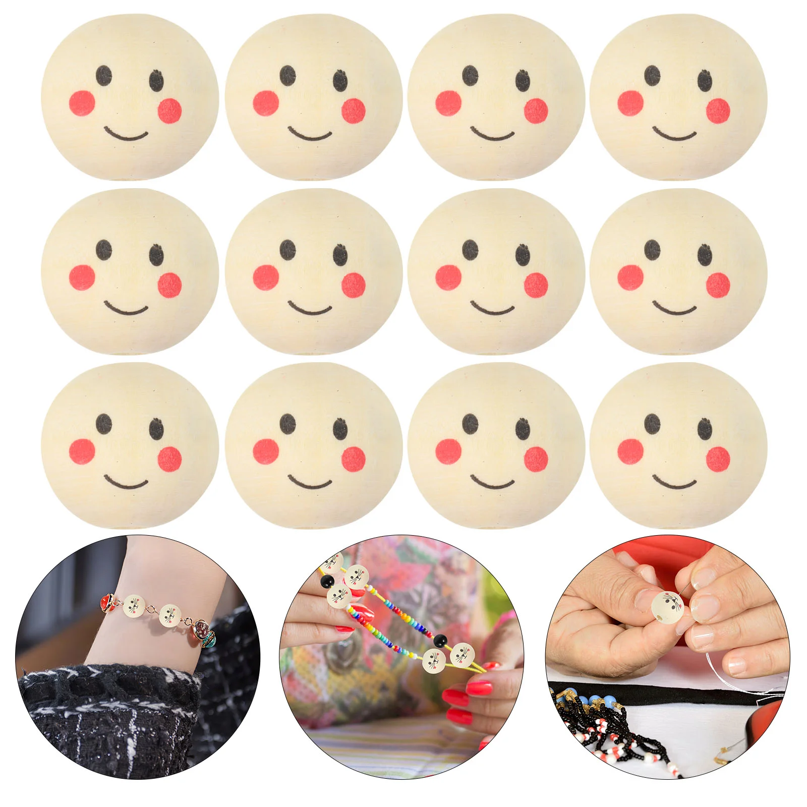 

50pcs Wood Spacer Beads Round Loose Beads with Hole Smile Face DIY Jewelry Beads