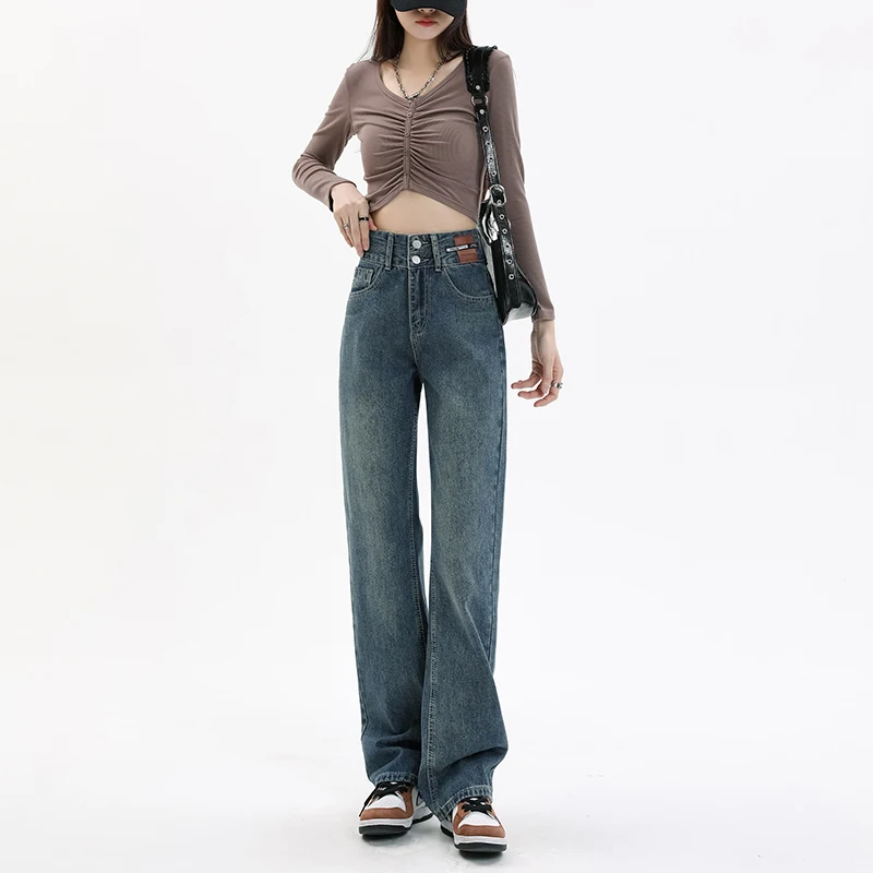 XS-2XL Size Straight Loose Wide Leg Jeans for Women High Waist Casual Fashion All-match Pockets Denim Trousers Retro Blue Female
