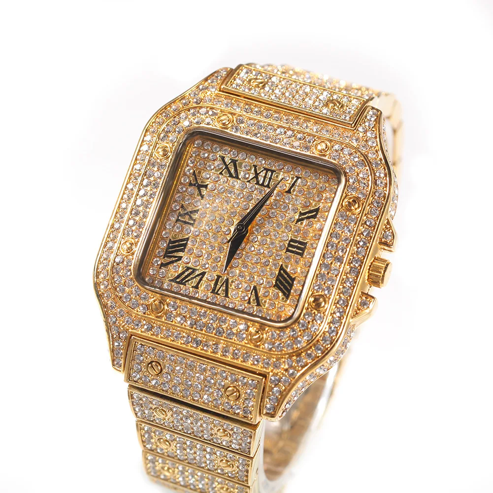 Watches for Men Luxury Gold Sliver Iced Out Watch Hip Hop Ropper Gold Rhinestone Quartz Square Wristwatch Relogio Masculino Gift