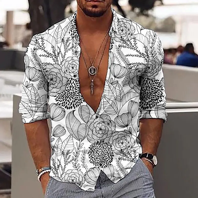 

New Flower 3D Print Shirts Men's Fashion Floral Streetwear Oversized Button-Down Long Sleeve Shirt Male Blouse Tops Man Clothing