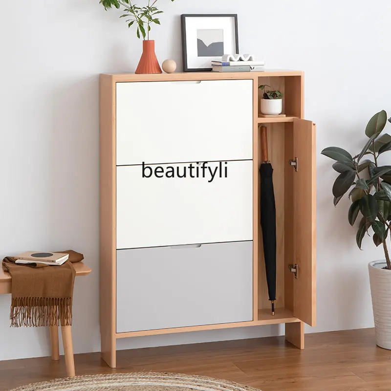 

zq Solid Wood Shoe Cabinet Nordic Simple Modern Beech Living Room Door Storage Entrance Cabinet