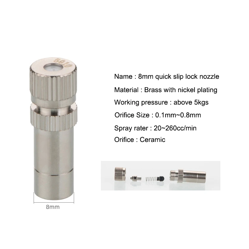 8mm Misting Fogger Nozzle 5pcs Orifice0.1mm-0.8mm with Quick Slip Lock Tee Connectors for Home Garden Irrigatiion Cooling System 3