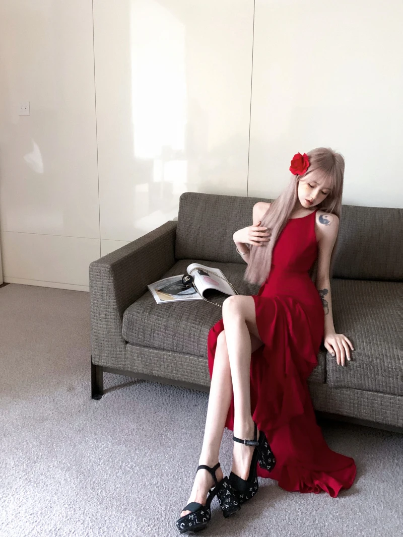 Y2K Red Irregular Womens Dresses Sexy Spaghetti Strap Sleeveless Ruffles Birthday Party Dress Summer Slim Casual Vestidos Mujer