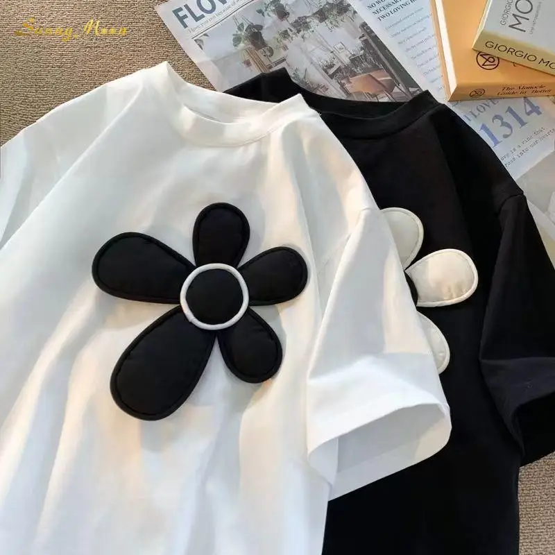 

Baby Girl infant toddler teens black and white casual cute summer French print flower short sleeve all-match T-shirt 1-16Y