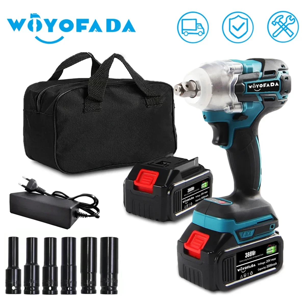 Brushless Cordless Electric Impact Wrench, Power Tools with 6 Socket, Compatible with Makita 18V Battery, 350N.M, 1/2 in