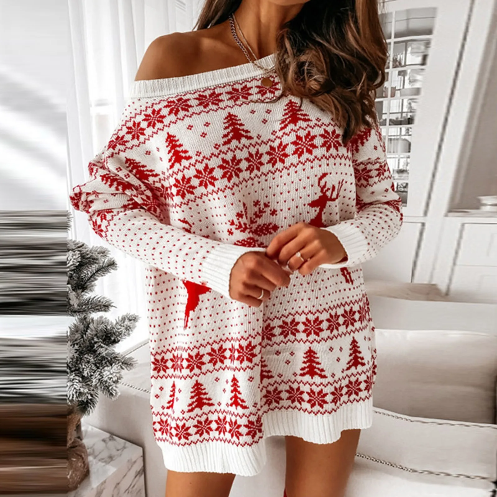 

Women Snow Deer Pattern Santa Claus Dress Warm Loose Fit Christmas Knitted Top Long Sleeve Slash Neck Casual Winter Robe