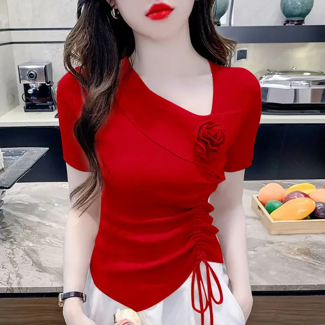 Drawstring 3D Flower Short-sleeved T-shirt Summer New Women's Outfit Irregular Folds Slim-fitting Knitted Top 2