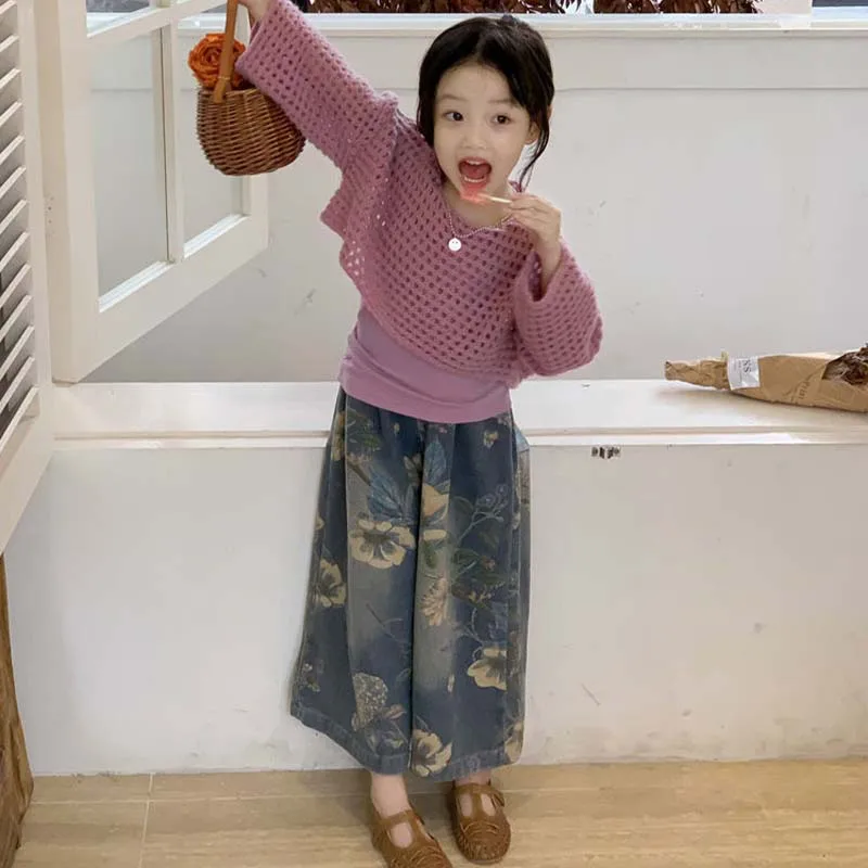 한국 봄 가을 아동 의류 소녀 빈티지 꽃 청바지 캐주얼 아동 와이드 레그 팬츠 패션 루즈 바지