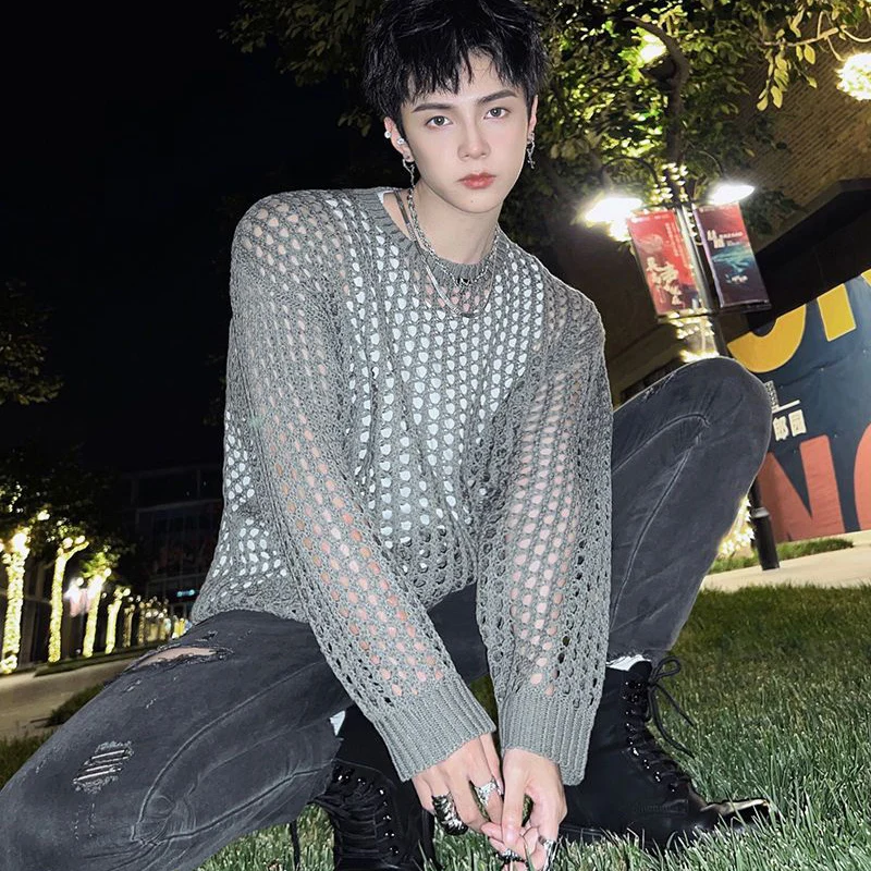 

Summer Hollow Out Long Sleeve Men O Neck Knitted Sweater Sexy Fishing Net Fashion Casual High Street Oversized Tops White Black