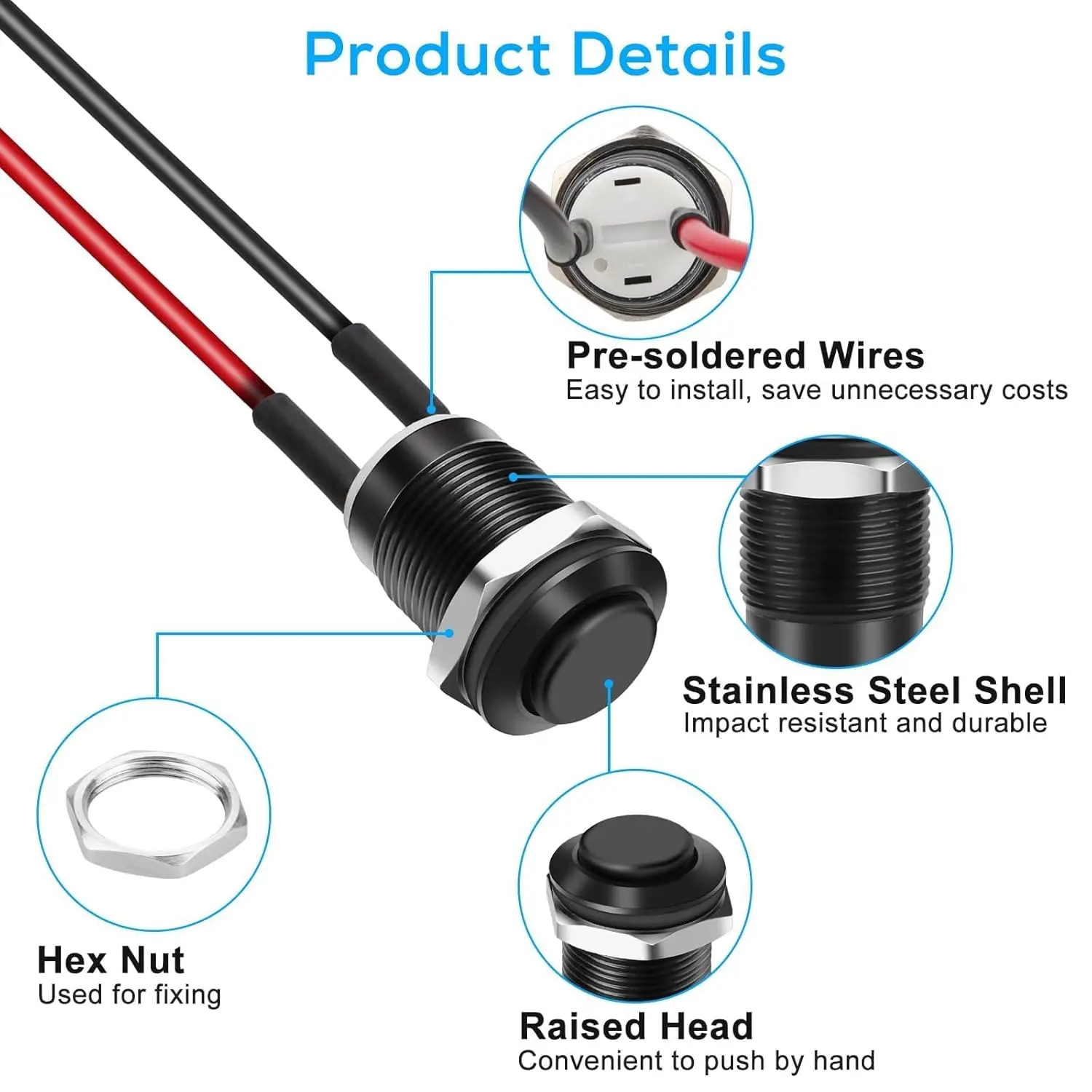 5/10pcs 12mm 순간 푸시 버튼 스위치 사전 배선이 있는 검정색 쉘, IP65 방수 푸시 버튼 스위치, 알루미늄 합금
