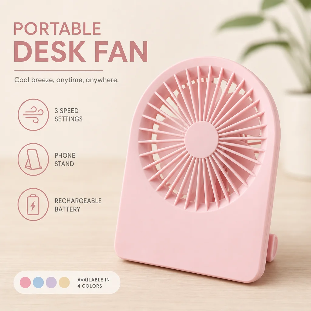 Compact USB Rechargeable Desk Fan with Cellphone Holder – 3-Speed, Low Noise, Portable Air Cooler