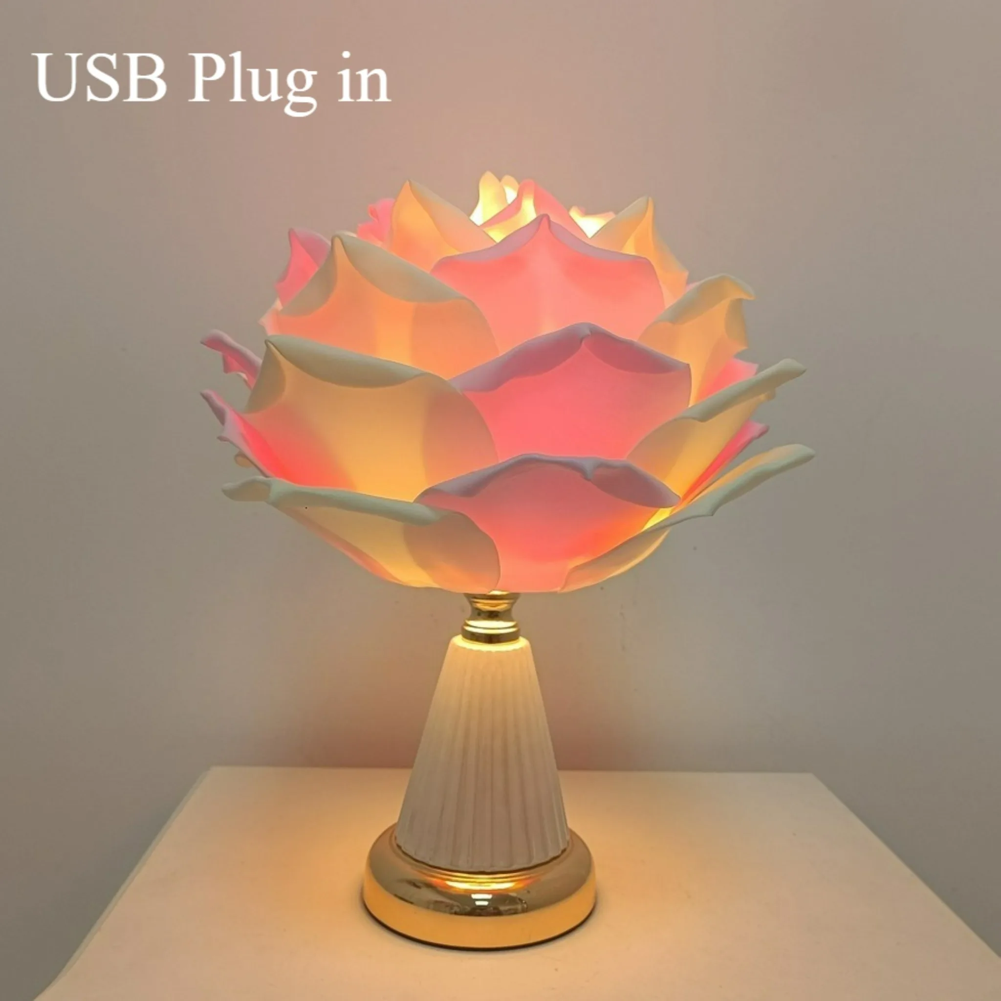 장미 꽃잎 모양의 책상 램프 버튼 스위치 USB 플러그 데스크탑 장식에 적합 침실 머리맡 야간 조명 웨딩 책상 램프