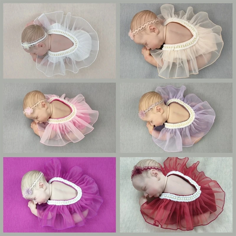 

2 Pcs/Set Cute Newborn Girls Photography Props Headband + Dress for Photo Studio Monthly Ballet Dress Photo Accessories