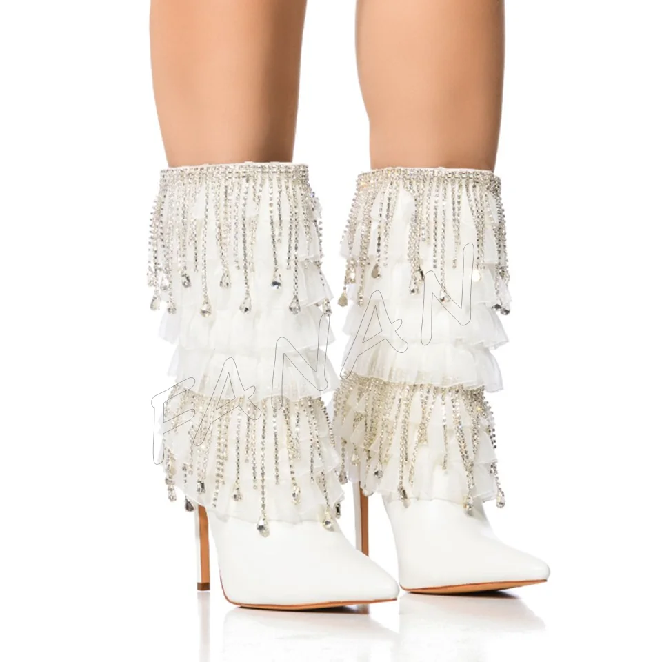 

White Fringe Decor Boots Crystal Decor Stilettos Heel High Heel Shoes for Women Slip on Thin High Heels 2023 Zapatos Para Mujere