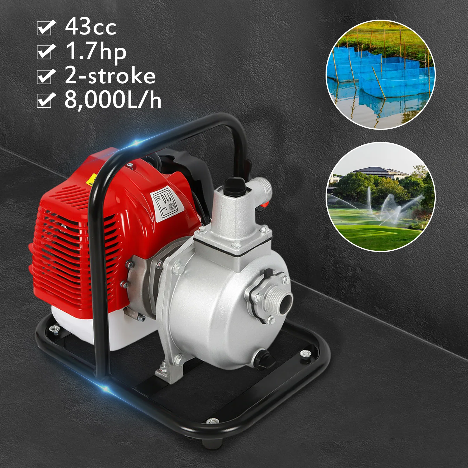 Gartenpumpe 8000L/h, 43cc 1.7hp Wasserpumpe mit Benzinmotor Hochdruckpumpen  für Gartenteiche Bewässerung, Pool Wasserwechsel : : Garten