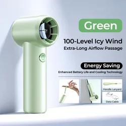 Powerful Wind Mini Portable Handheld USB Rechargeable Fan with Digital Display for Travel and Outdoor Use (A - Green)