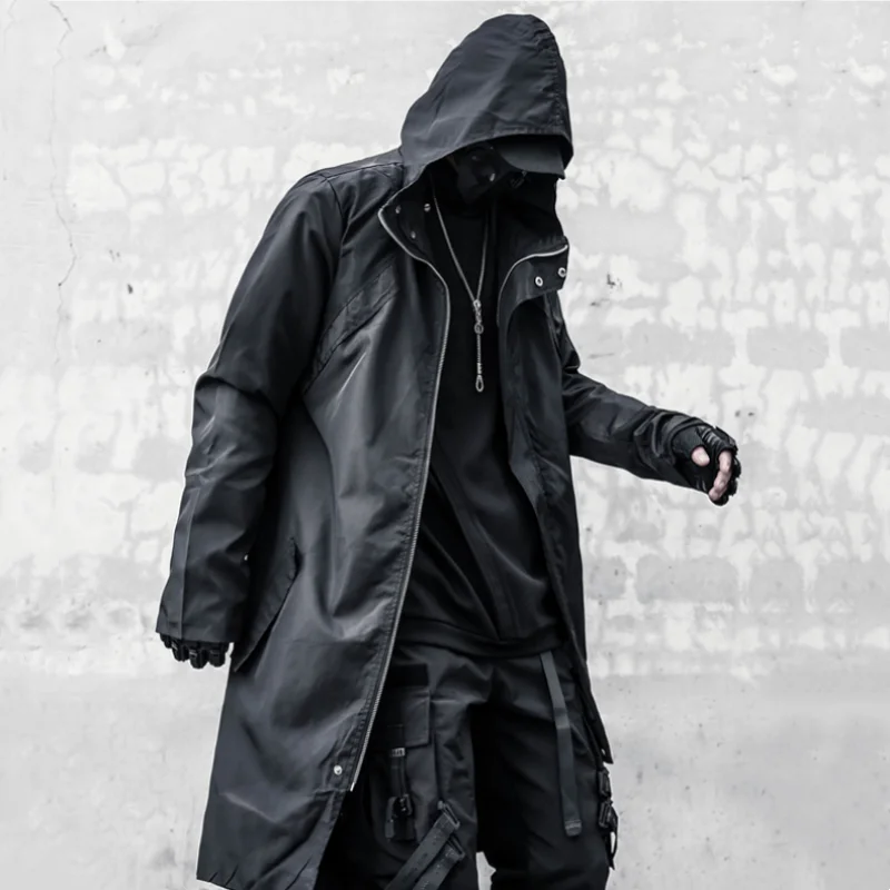 Niche Design Sense Detachable Neckerchief Mid-length Trench Coat Mens Clothing Y2K Punk High Street Tactical Function Jackets