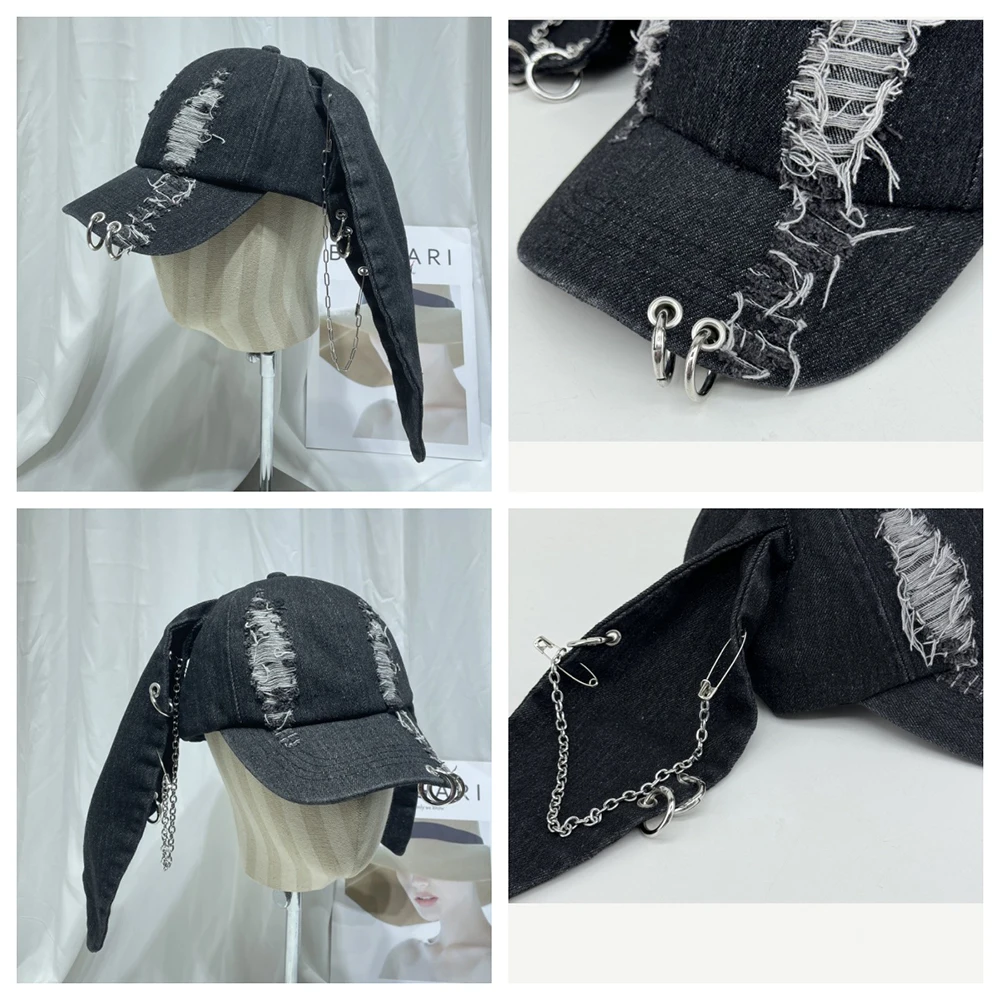 Niche Y2k Rabbit Ears Denim Ripped Baseball Cap Men and