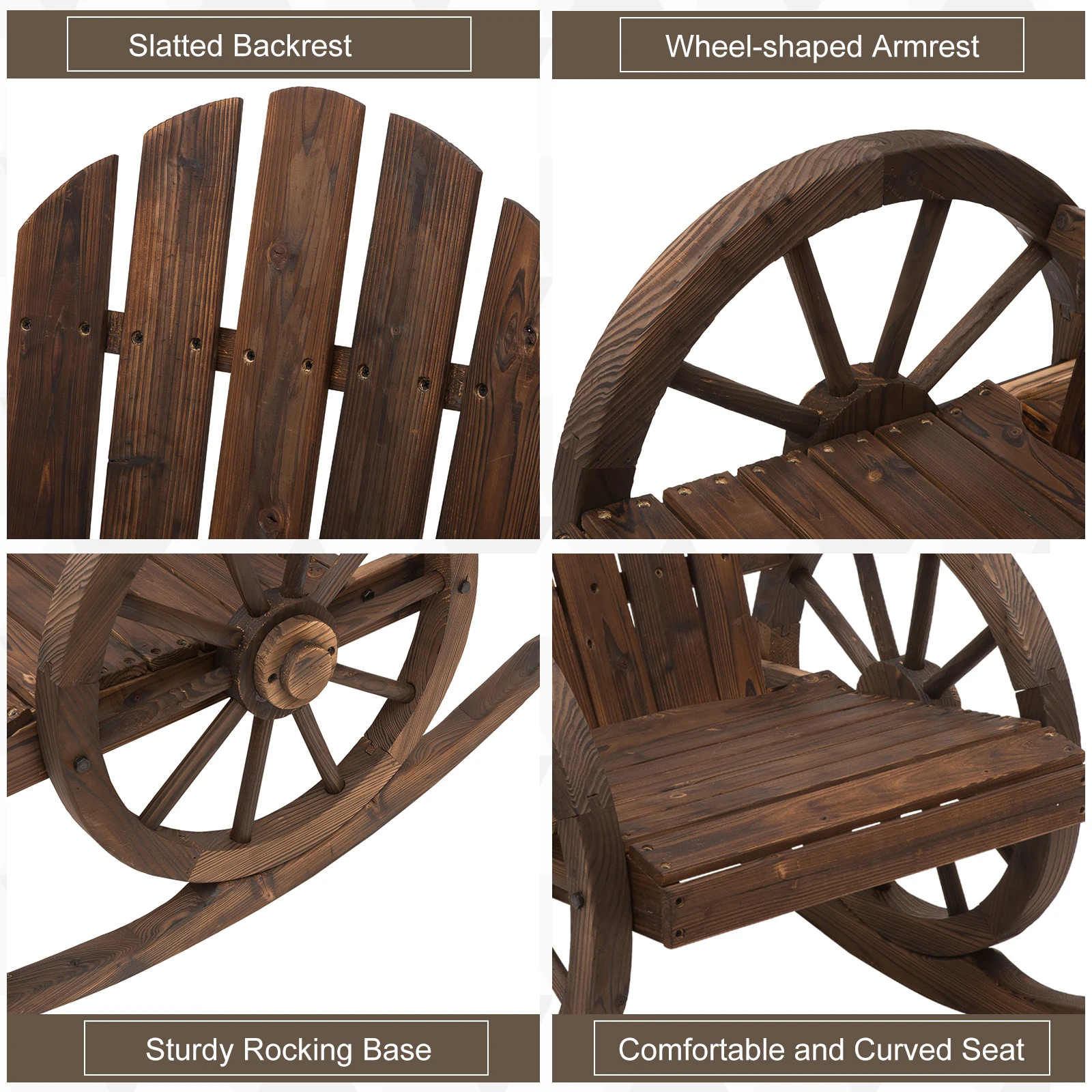 Rustic Wood Adirondack Rocking Patio Chair w/ Slatted Design, Wheel Armrests 6