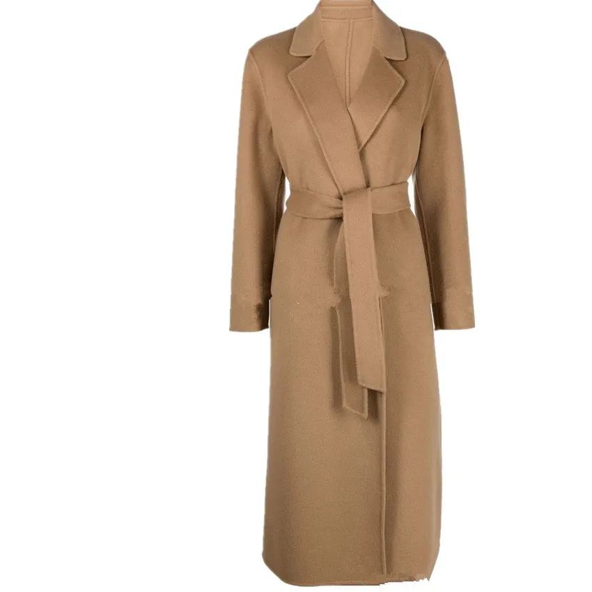 

Women Plus Size Autumn Winter Cassic Simple Wool Cashmere Long Coat Split Robe Outerwear Belted
