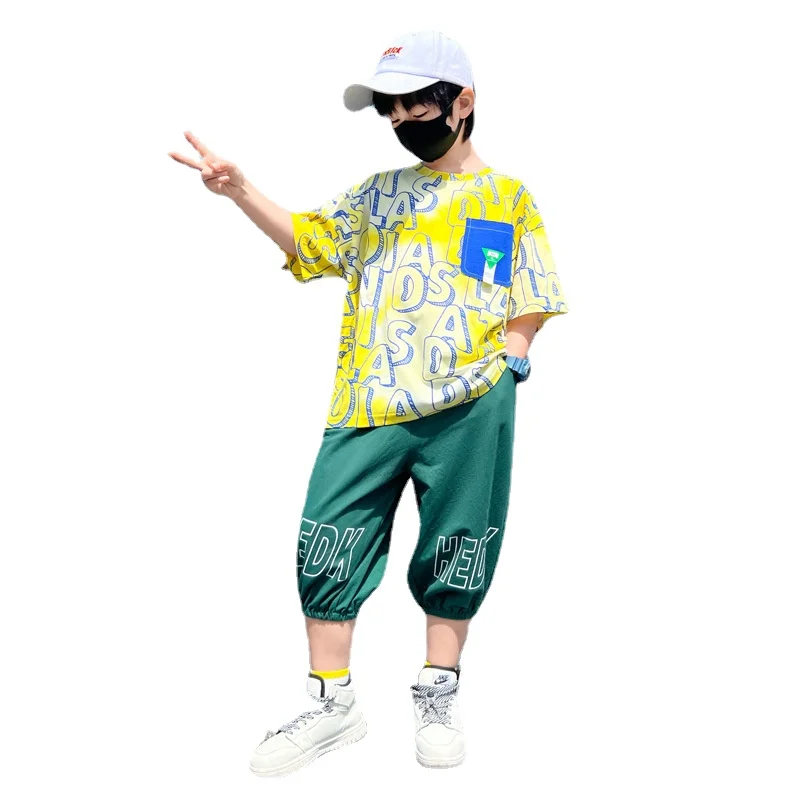 

Children Clothes Boy Summer Fashion Letter Full Print Top Short Sleeves + Elastic Waist Shorts 2pcs Streetwear Outfits for Teens