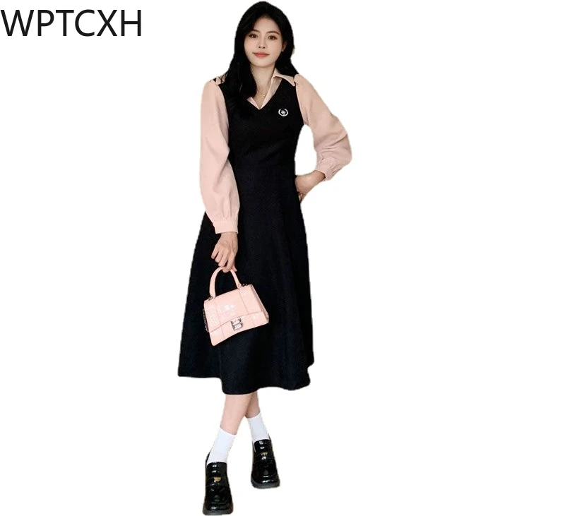 

2024 Woman Clothing Plus-size Women's POLO Neck Long Sleeve Fake Two Long Skirts Academic Style Waist Slimming French Dress